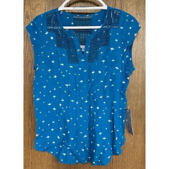 Daniel Rainn Blouse Womens Petite Small PS Blue Cap Sleeve Tunic Relaxed Eyelet - Picture 1 of 6